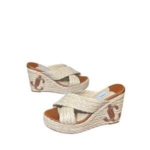 Jimmy Choo Beige Raffia Dovina Wedge Sandals size 37 euro